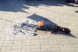 [фото] В Донецке пророссийские митингующие сожгли чучело Бандеры